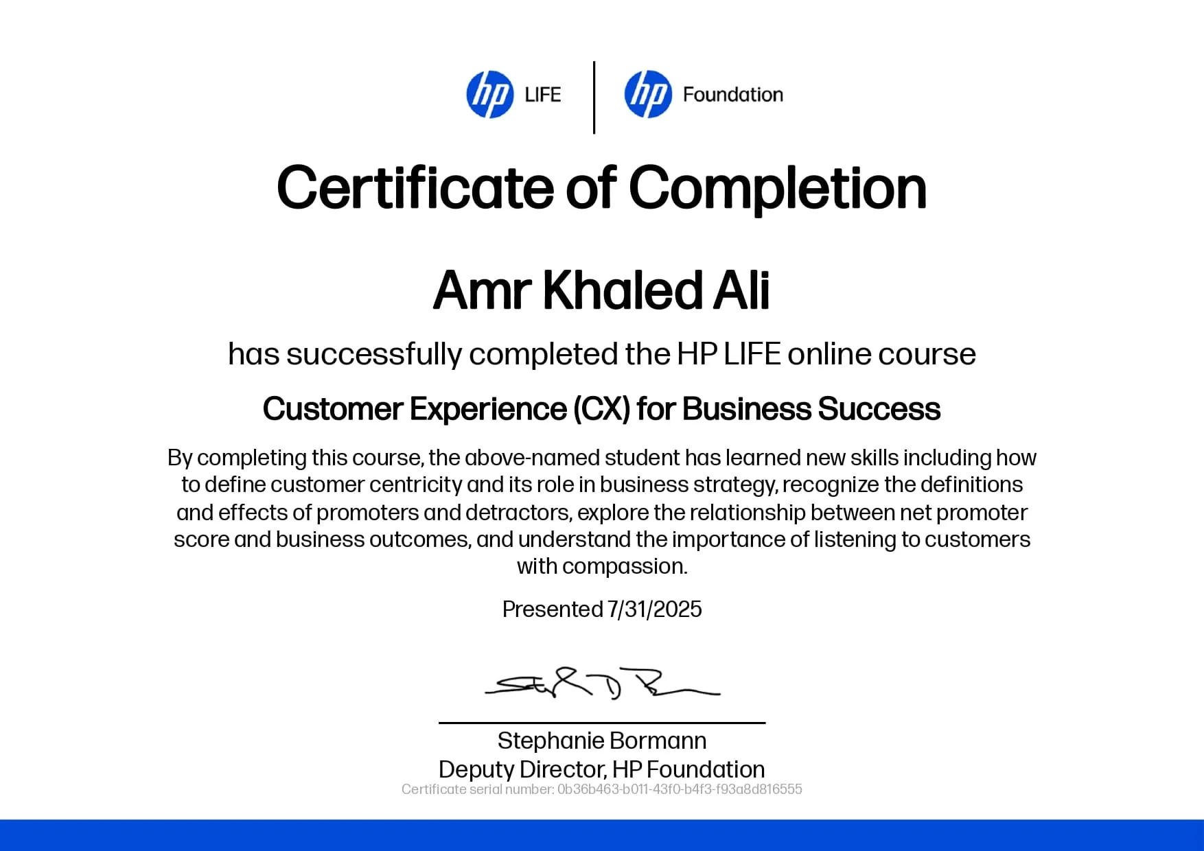 HP LIFE Customer Experience Certificate